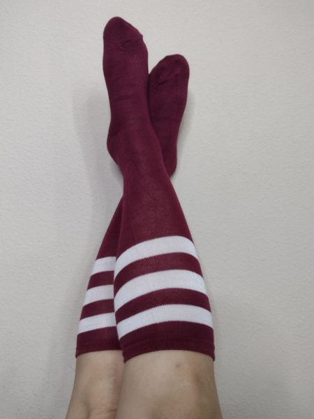 Knee High Socks - Dark Red with White Stripes - Worn 2 days minimum