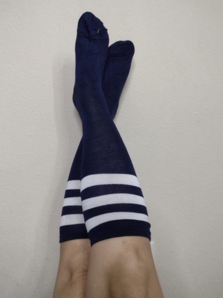 Knee High Socks - Navy Blue with White Stripes - Worn 2 days minimum